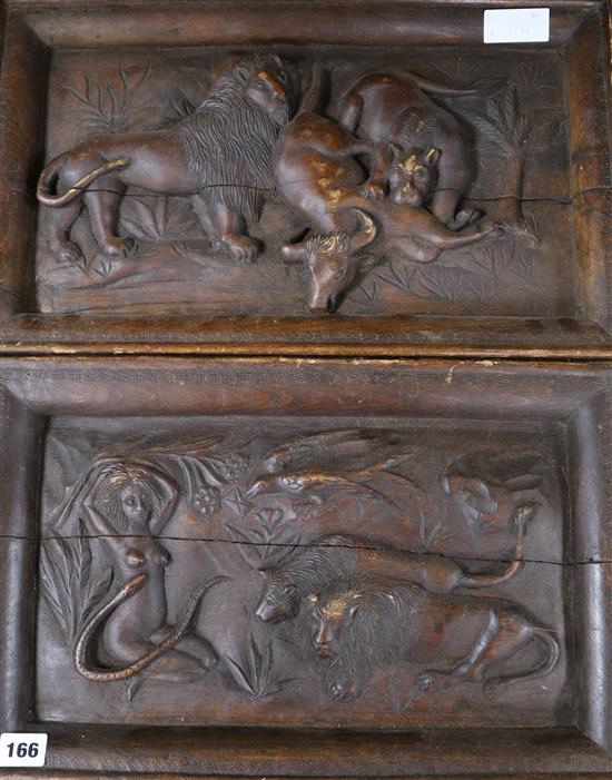 Two carved wooden panels 48cm, 29cm